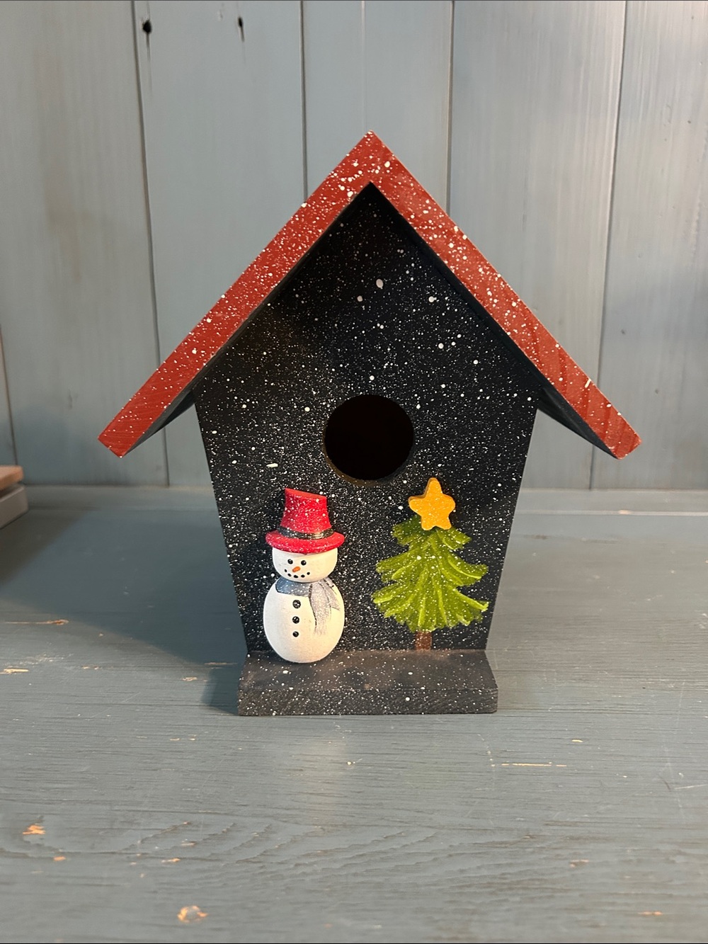 Hand Crafted Dark Blue Birdhouse with Red Roof and Festive Snowman & X-MAS Tree